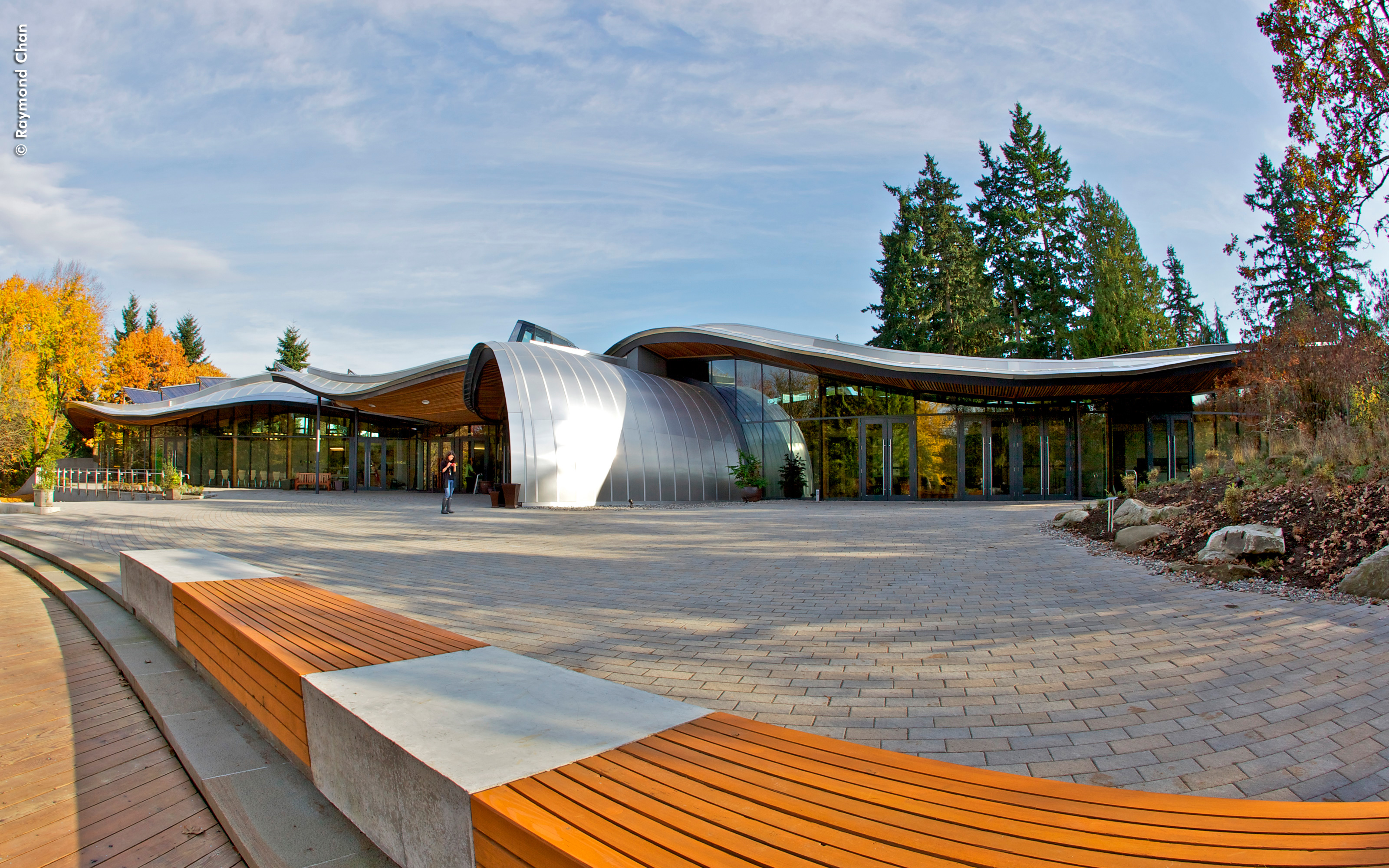 Building with undulating roof and large glass front